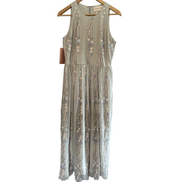 BHLDN Parsons Dress Midi Sz 6 Light Gray Floral Embroidered Mesh Fairy Wedding - Picture 3 of 15